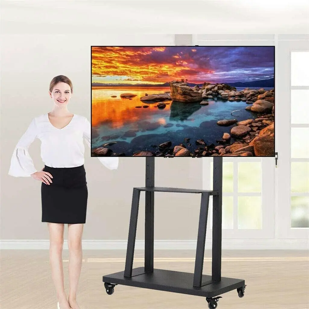 Fin Mobile Tv Cart For 32-100" Height Adjustable Rolling Floor Tv Stand W/ Dual Tray
