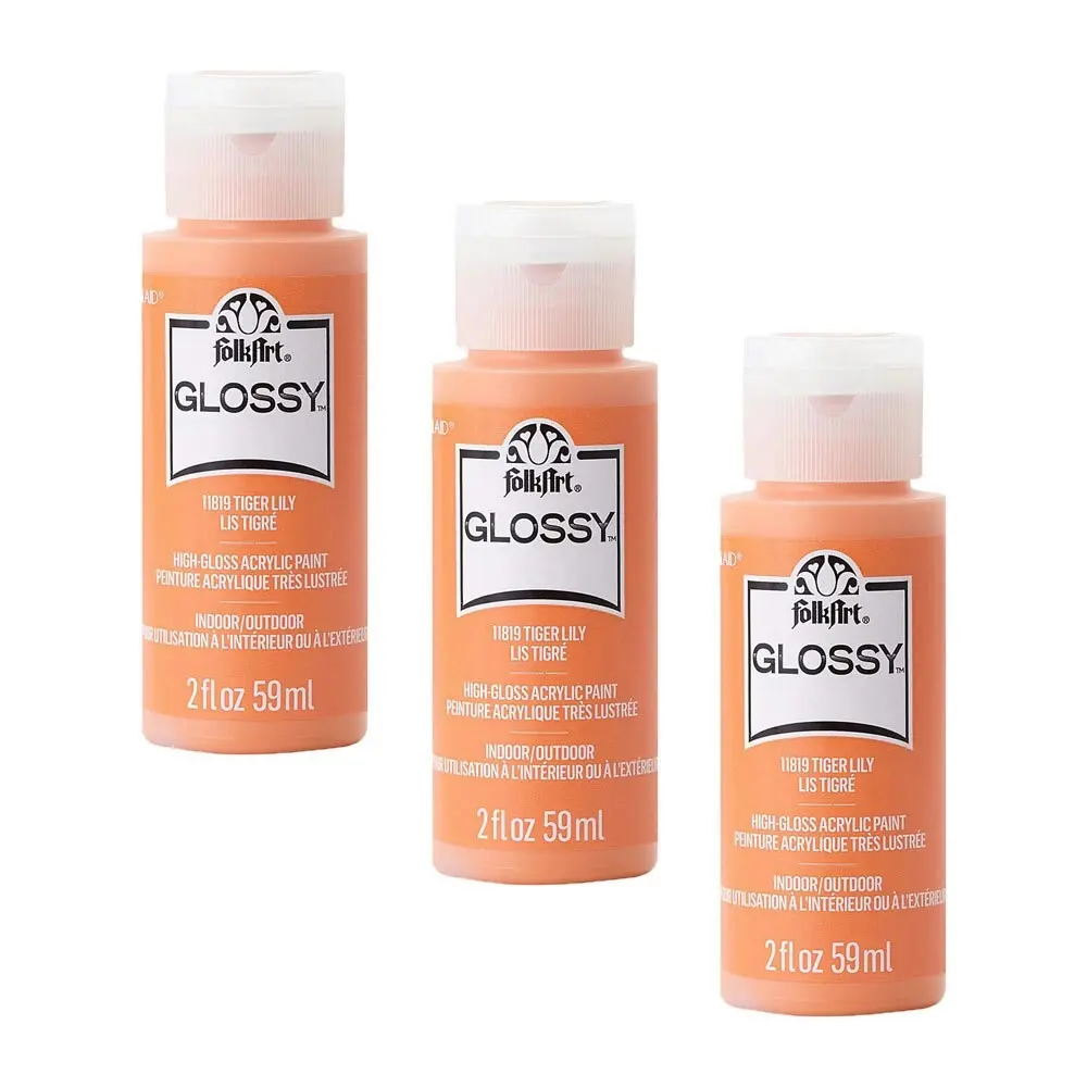 3x Plaid FolkArt Premium 59ml Acrylic Art Paint Tiger Lily Glossy Shine Finish - Hobbies