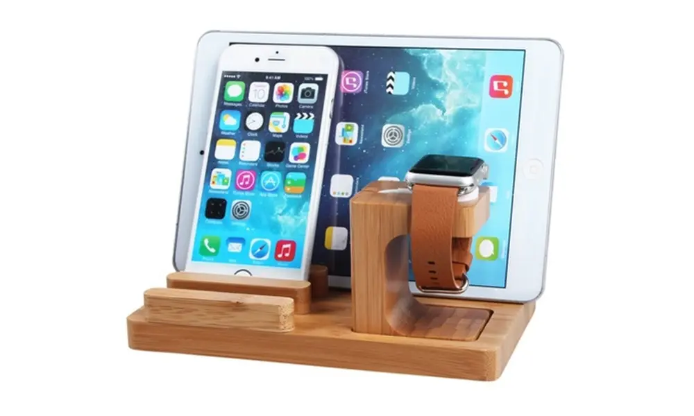 3 in 1 Bamboo Wood Charging Stand Cradle Holder for Apple Watch and iPhone - Electronics