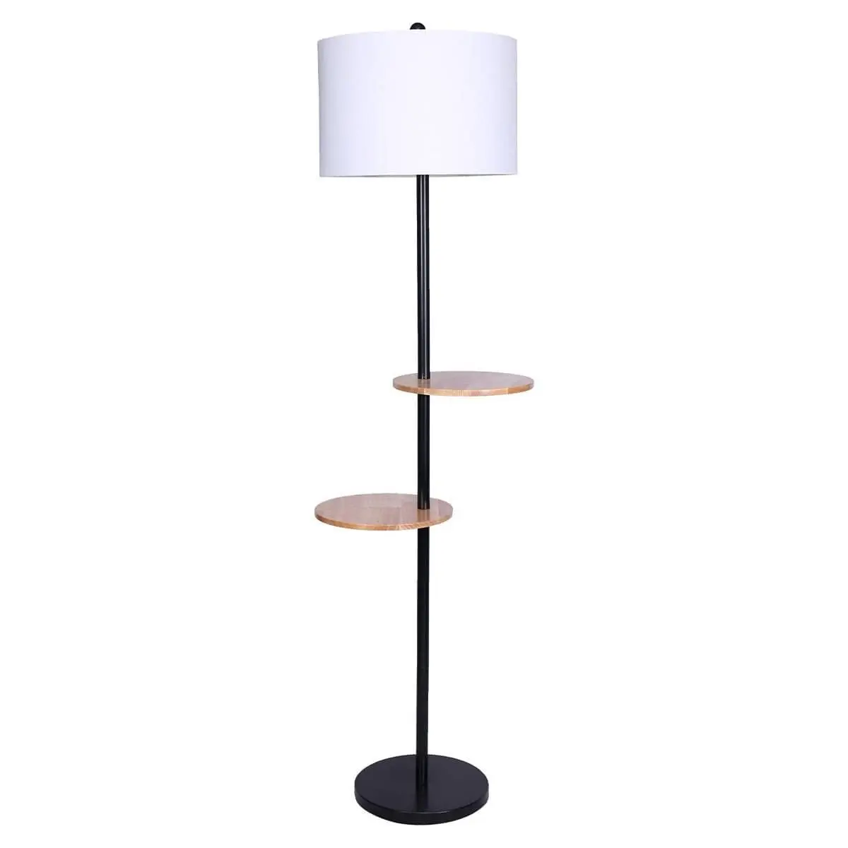 METAL FLOOR LAMP SHADE WITH BLACK POST IN ROUND WOOD SHELVES - Home & Garden