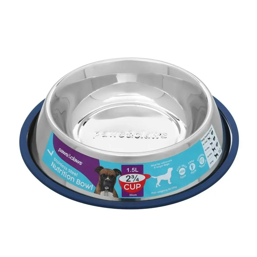 Paws & Claws Dog Feeding Bowl 1.5L/30cm Pet Food Water Stainless Steel Feeder BL - Pets