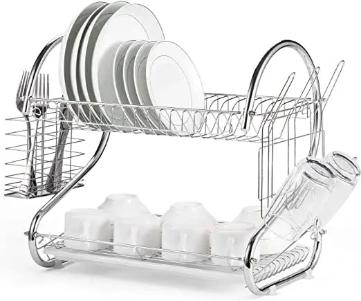 CARLA HOME 2 Tier Dish Rack with Drain Board for Kitchen Counter and Plated Chrome Dish Dryer Silver 42 x 25,5 x 38 cm - Home & Garden