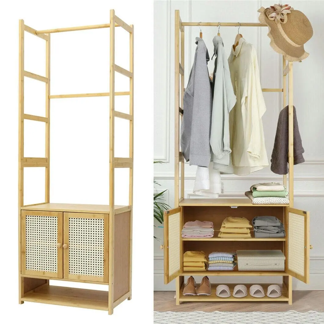 Fin Rustic Large Capacity Wood Garment Rack Hanging Clothing Wardrobe Storage Closet - Home & Garden