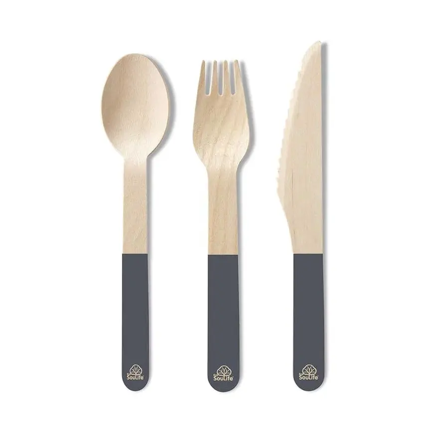 96pc Eco Soulife Disposable/Compostable Wooden Spoon/Fork/Knife Cutlery Set Grey - Hobbies