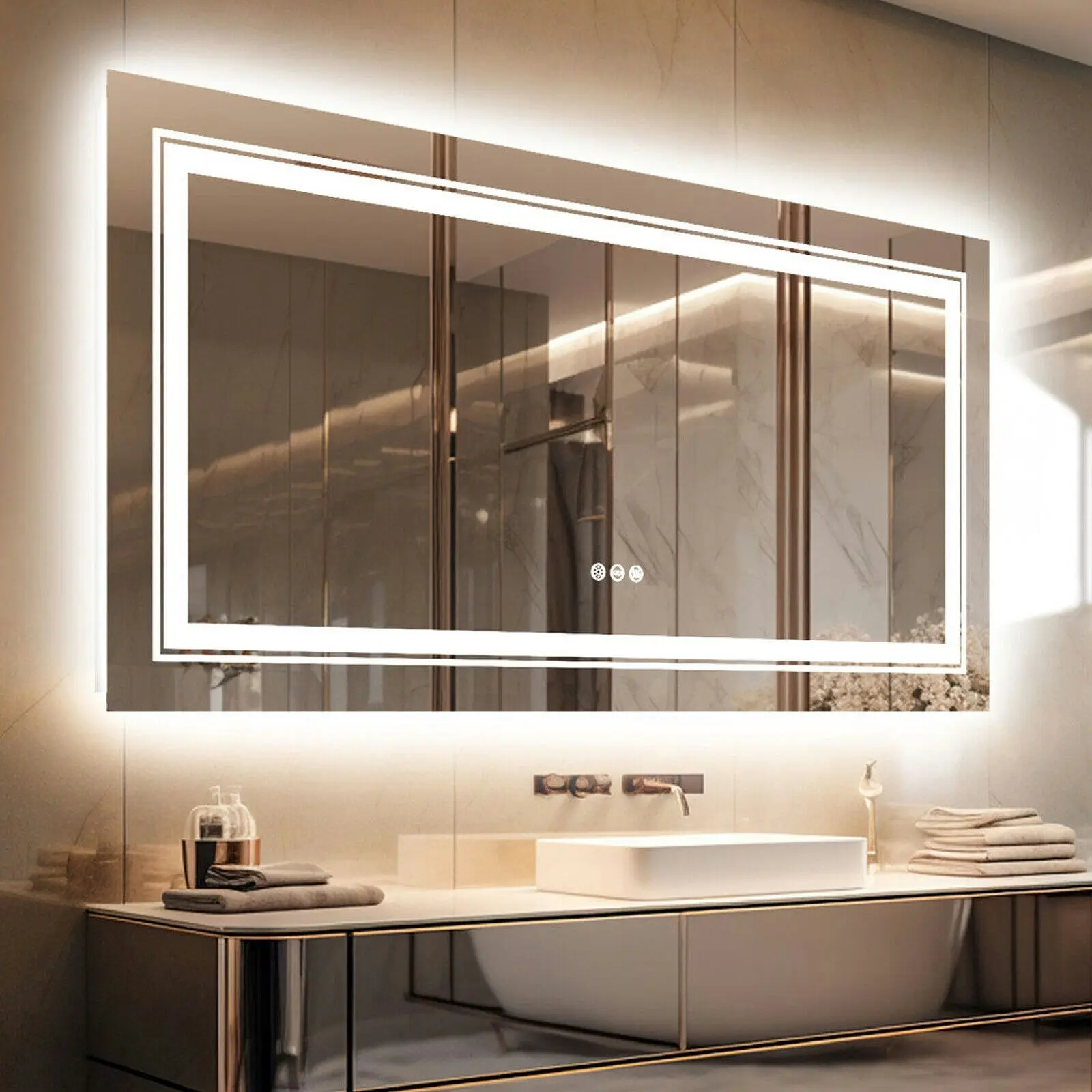 Fin Anti-Oxide Hd Led Bathroom Mirror Dimmable Anti-Fog Memory W/ 3 Lights Changing