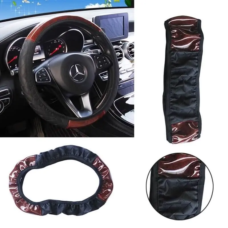 Car Steering Wheel Cover Mahogany Wood Pattern PU Leather Steering wheel CoverAU - Electronics