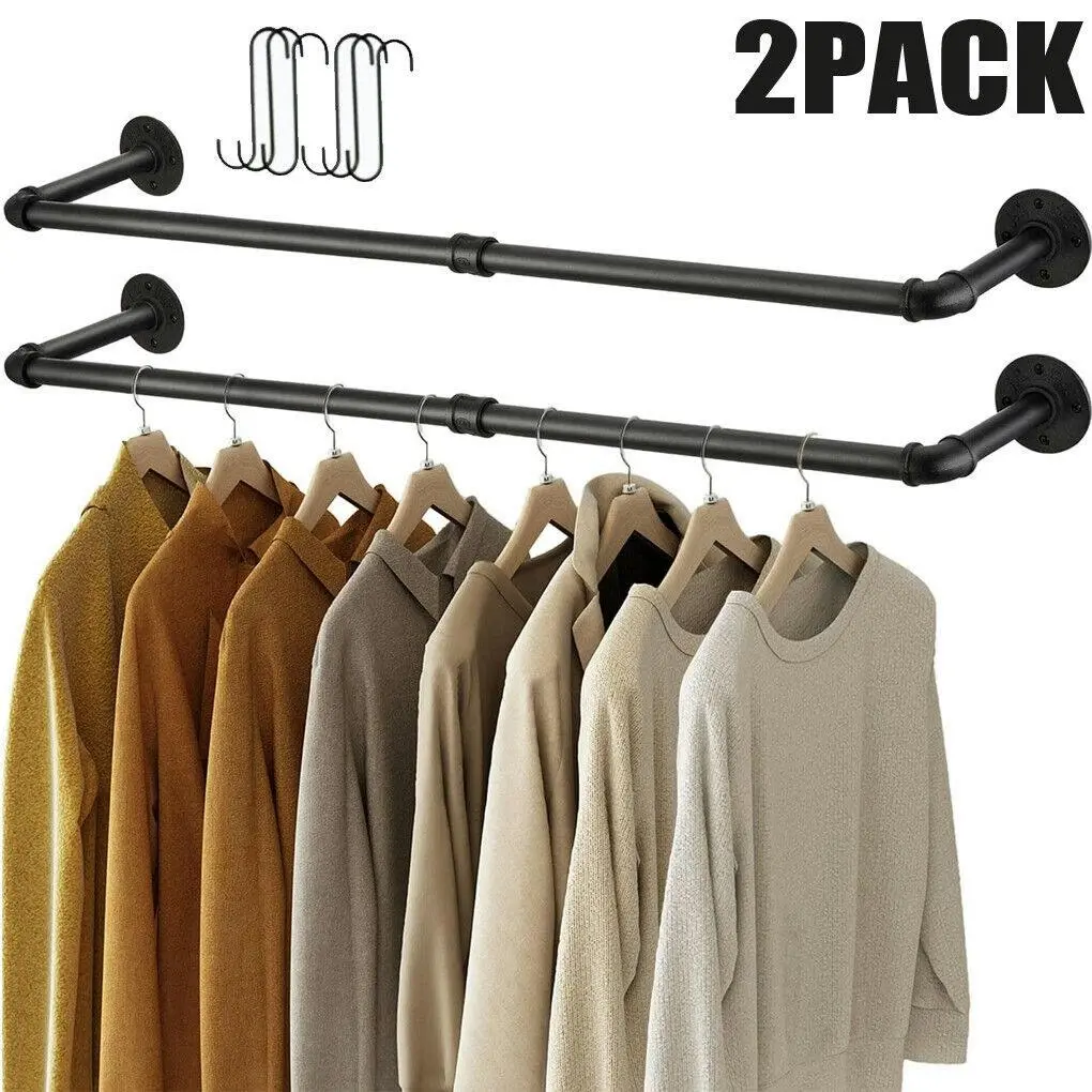 Set of 2 Heavy Duty Wall Mounted Closet Rods Detachable Clothes Rack Garment Bar - Home & Garden