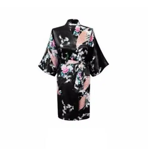 Bride Bridesmaid Gown Robe Satin Kimono Short Floral Bridal Wedding Black - Fashion