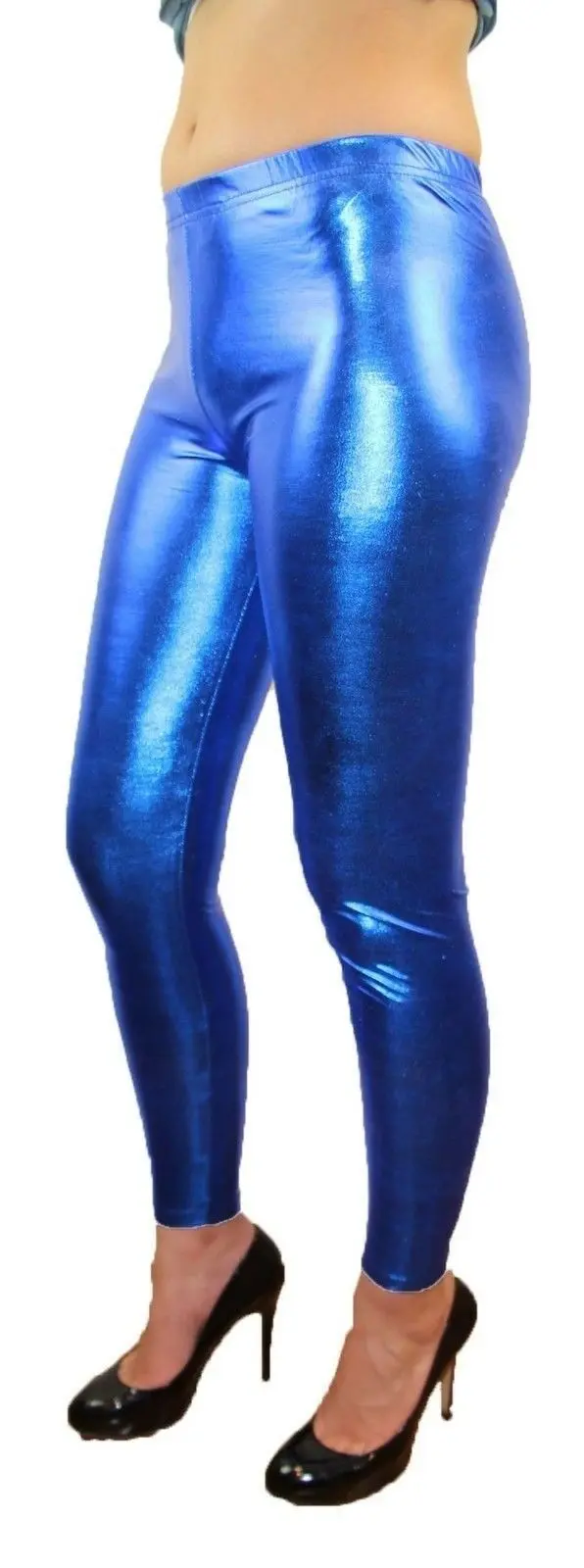 Shiny Metallic Leggings Womens Pants Ladies Blue - Fashion