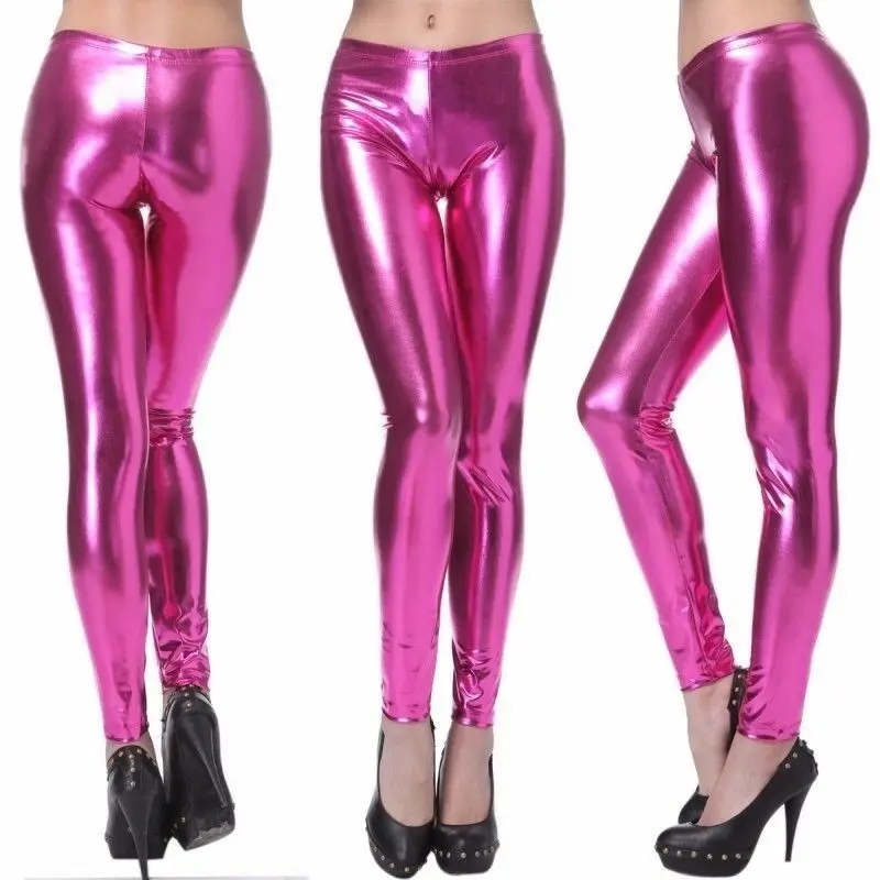 Shiny Metallic Leggings Womens Pants Ladies Pink - Fashion