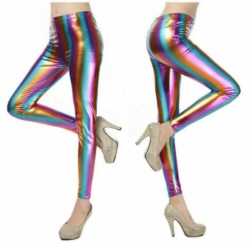 Shiny Metallic Leggings Womens Pants Ladies Rainbow - Fashion