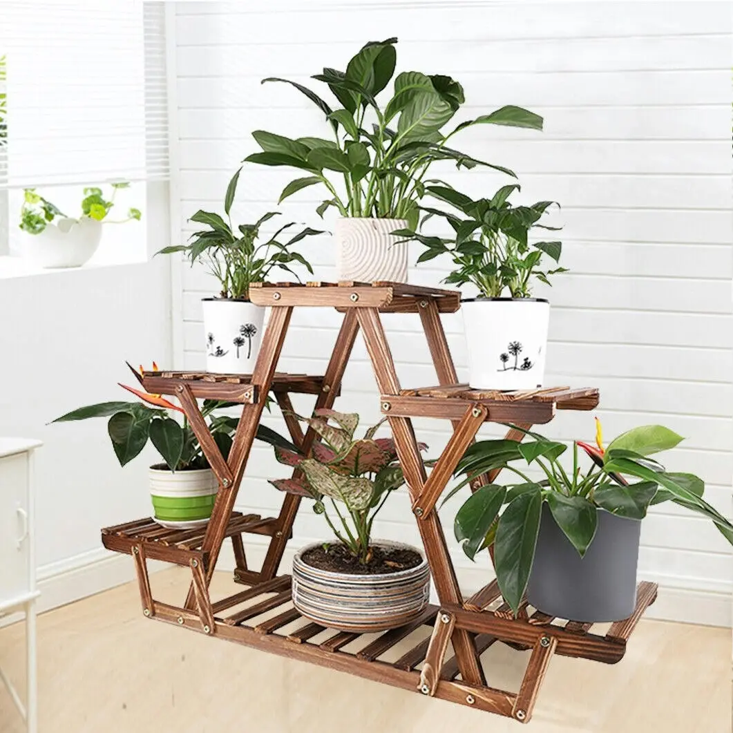 Fin Triangular Plant Stand Indoor Wooden Shelf 6Potted Flower Succulent Display Rack - Home & Garden