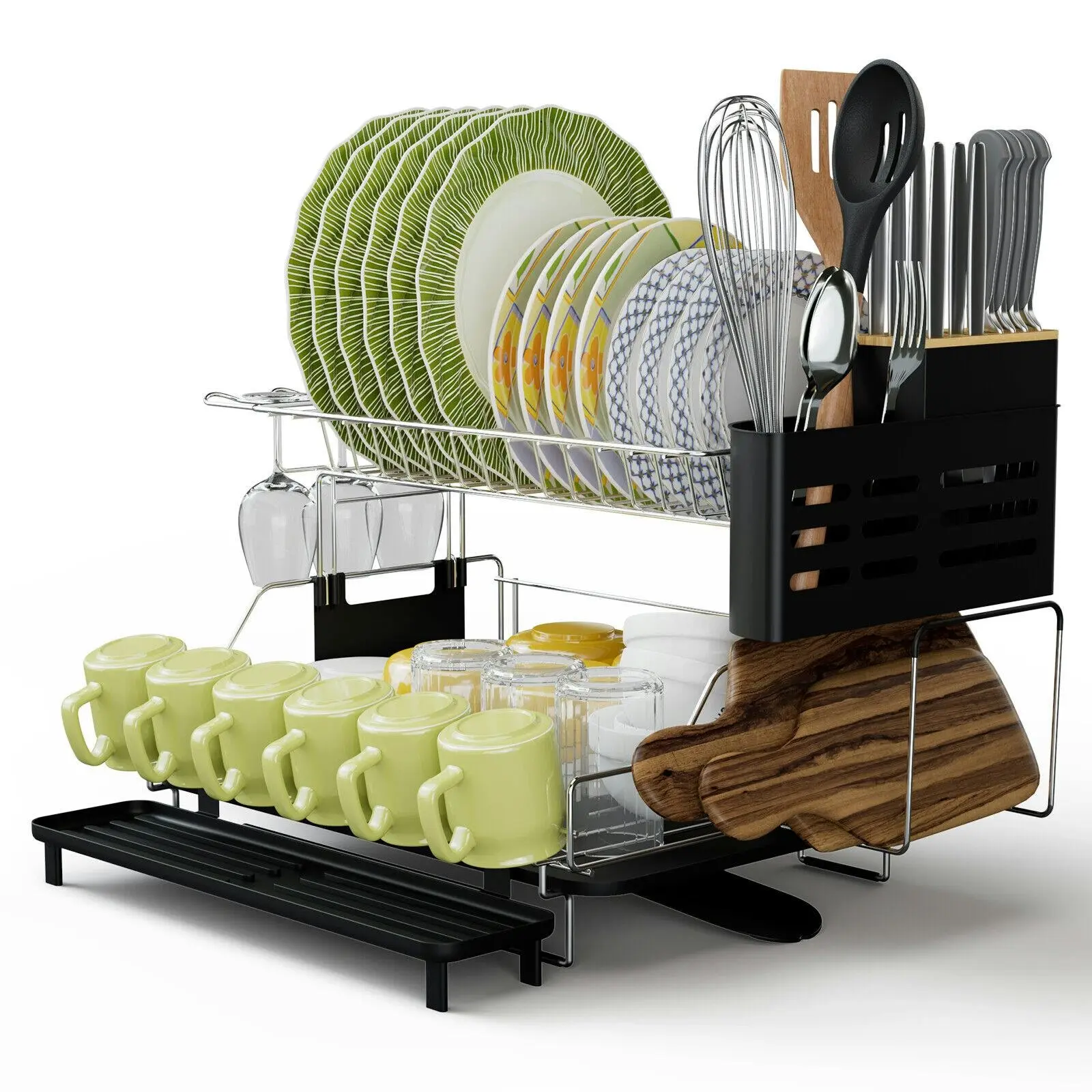 2-Tier Detachable Dish Rack with Drainboard for Kitchen Counters