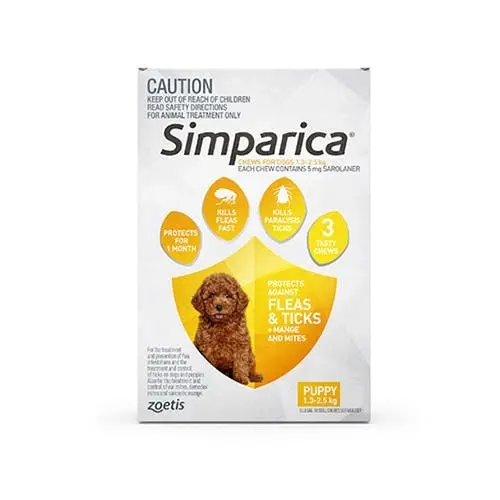 SIMPARICA for Puppies 1.3 to 2.5 Kg (Yellow) 3 Chews - Pets
