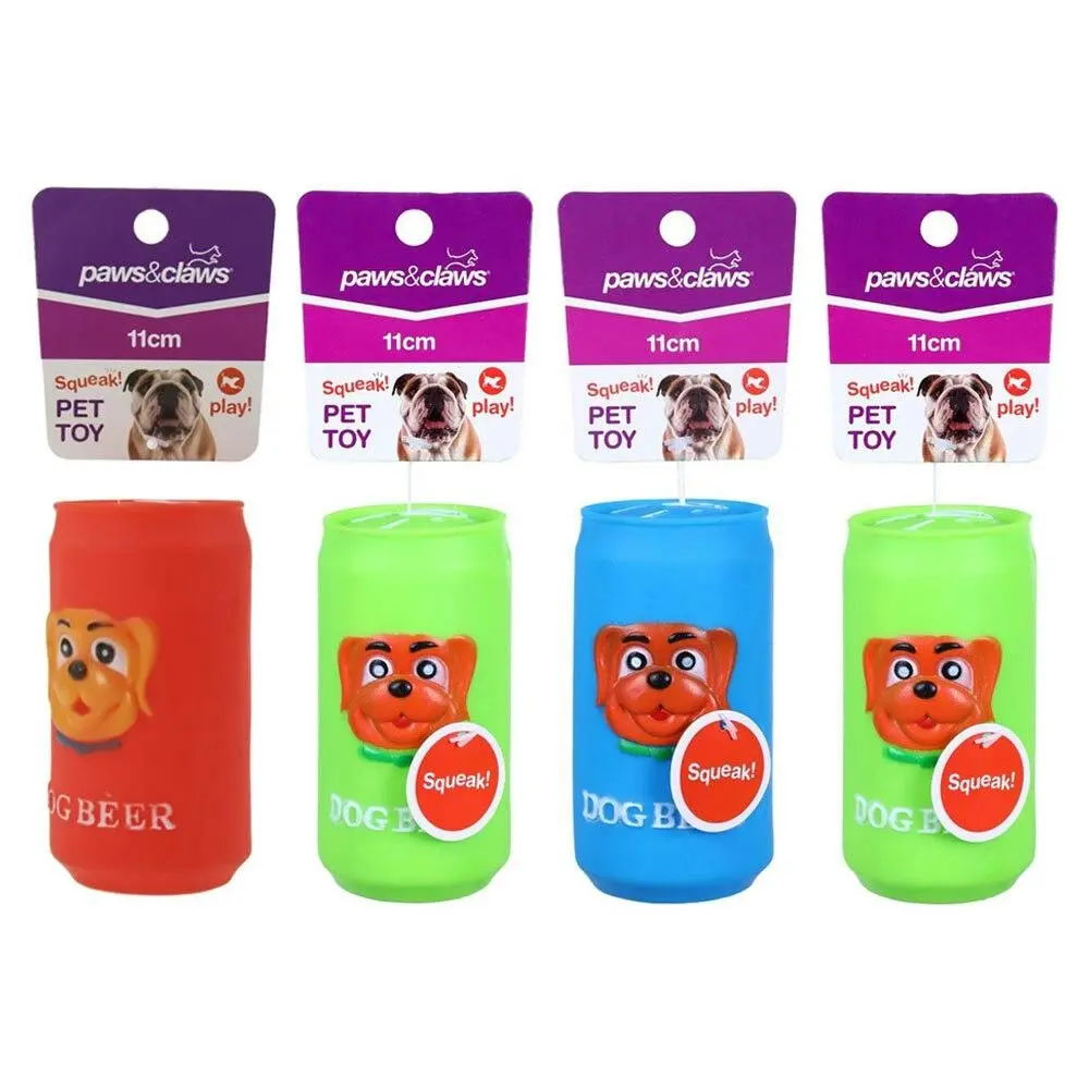 4x Paws & Claws Beer 11cm Can Vinyl Pet Dog Toy Interactive w/ Squeaker Assorted - Pets