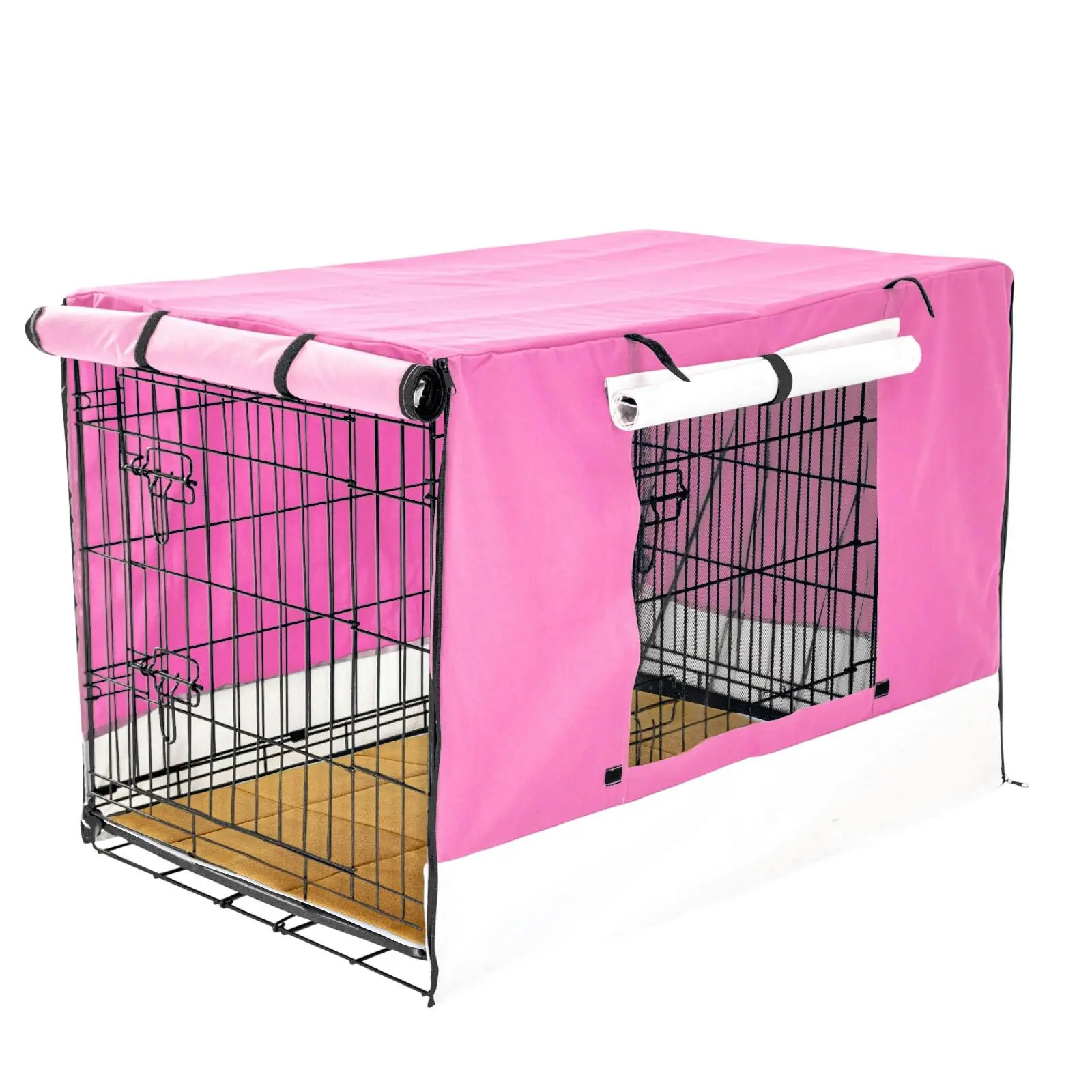 48in Foldable Wire Dog Cage with Tray + Cushion Mat + PINK Cover - Pets