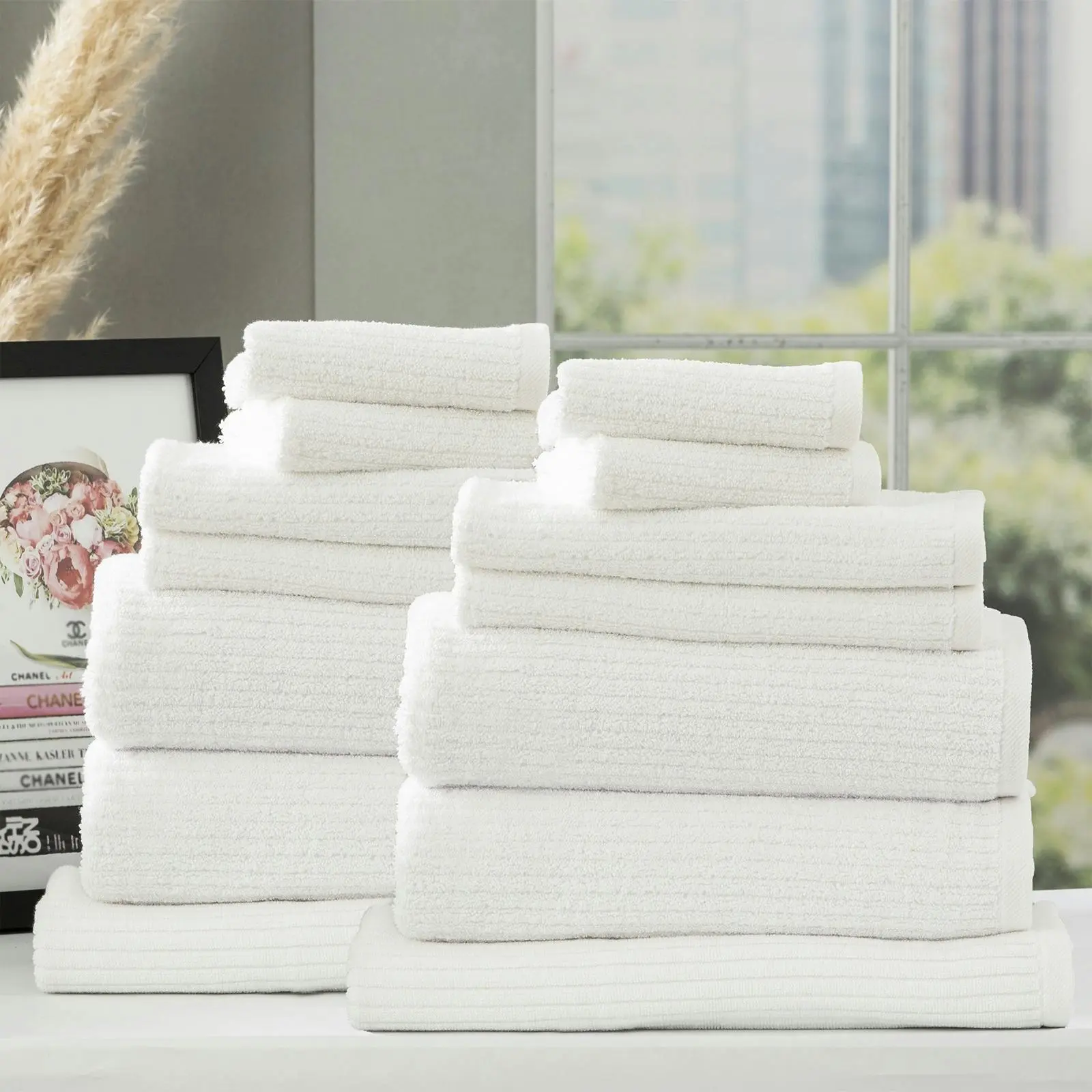 14pc Renee Taylor Cobblestone Bath/Hand Towel Set 650 GSM Cotton Ribbed White - Home & Garden