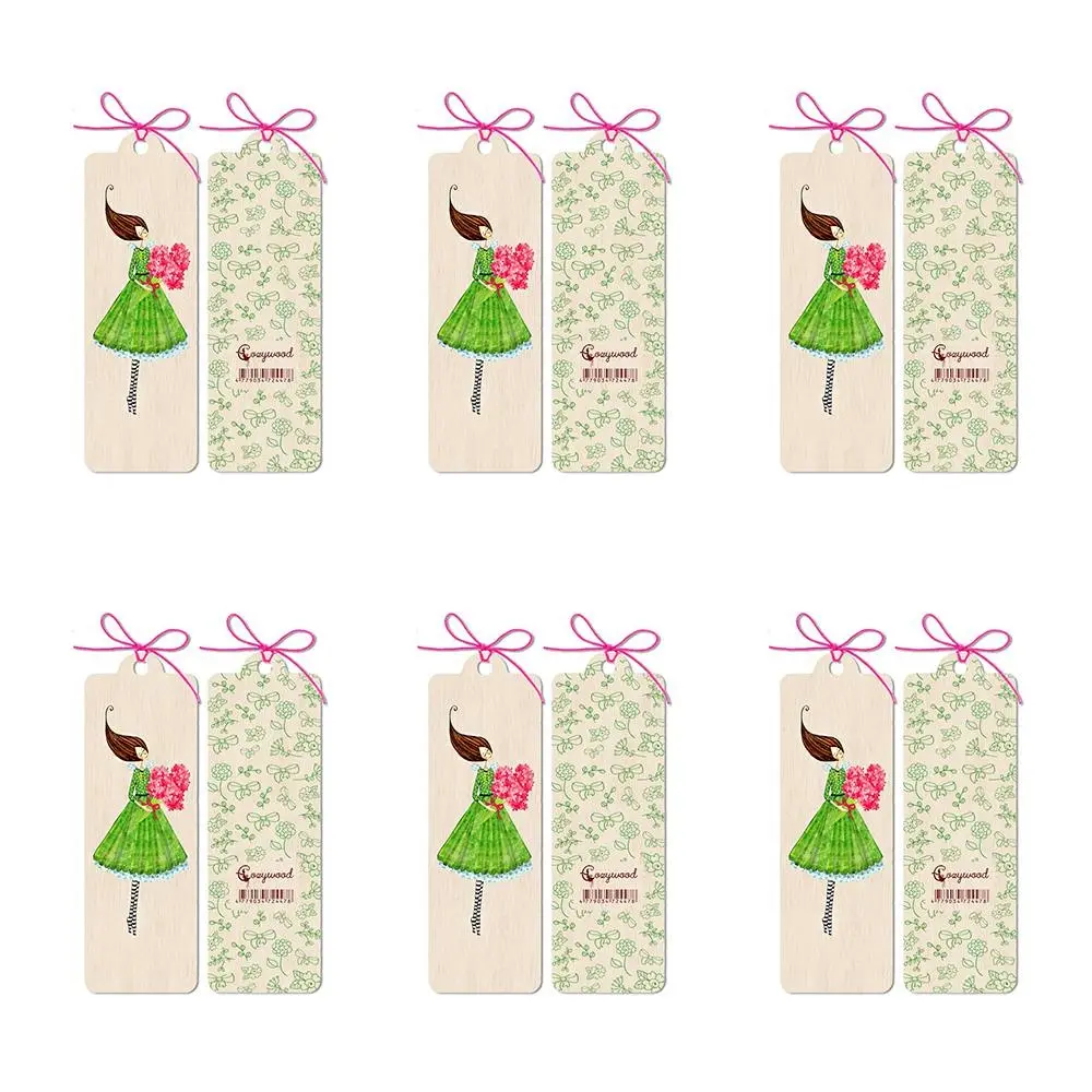 6x Cozywood Wooden Bookmark 4.5x14cm School Stationary w/ Waxed Ribbon Flowers - Office