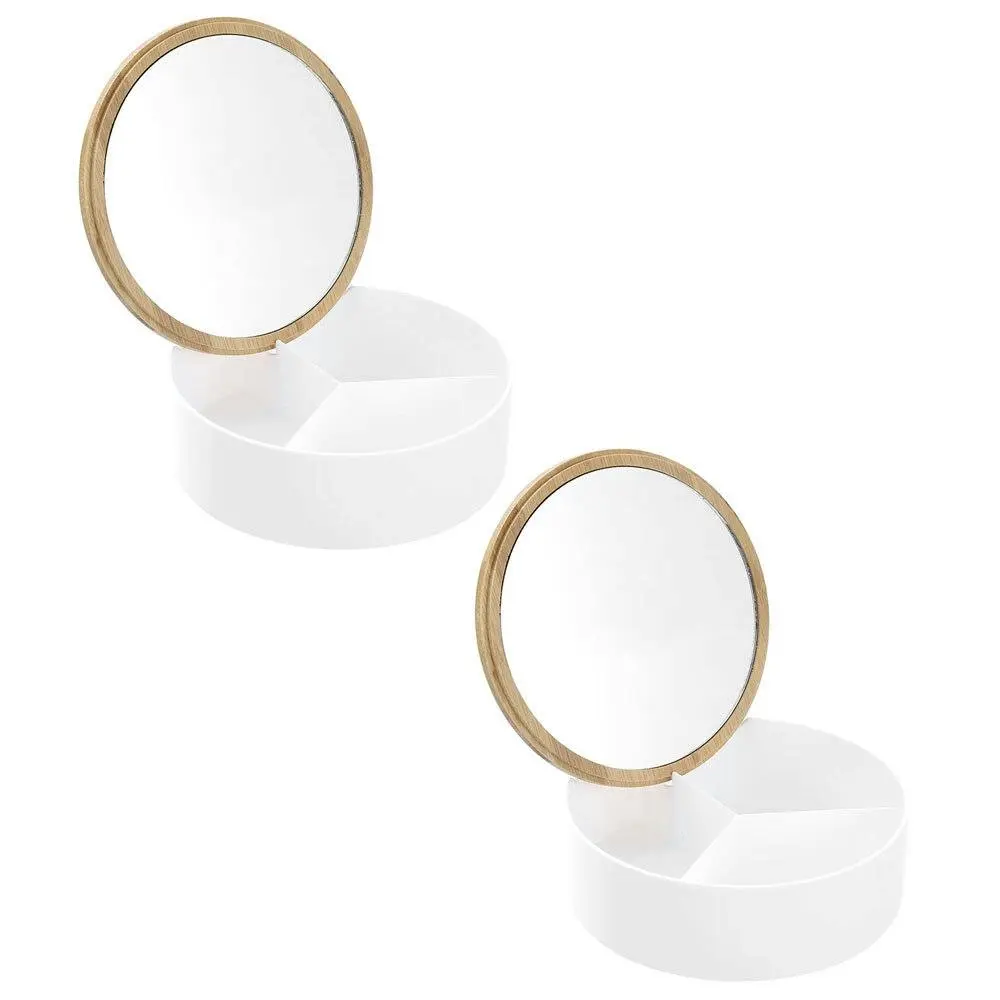 2x Boxsweden Bano Round 14cm Organiser Storage w/ Mirror Bamboo Top Home Decor - Home & Garden