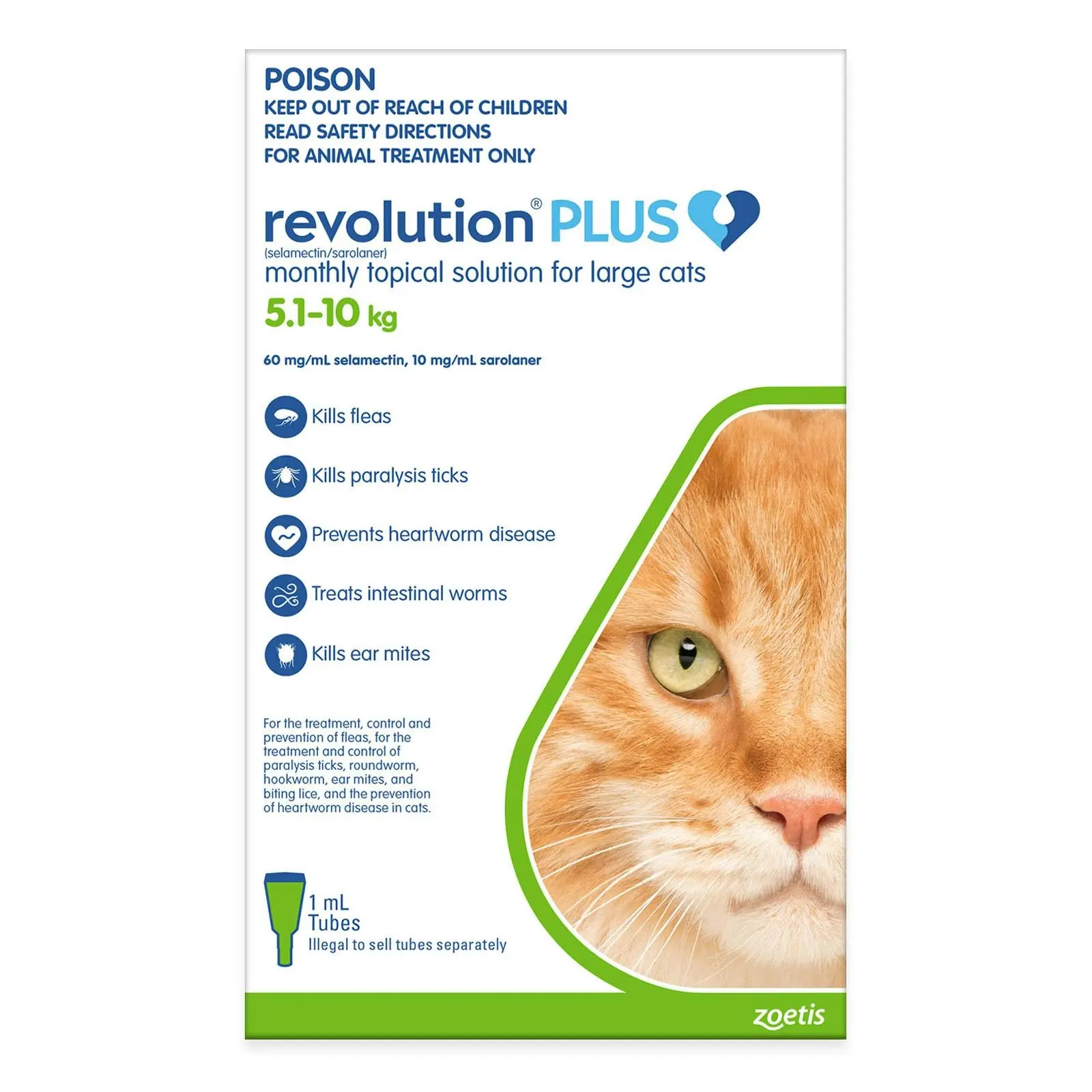 Revolution Plus for Large Cats 5 to 10 Kg (Green) 3 Pipettes - Pets