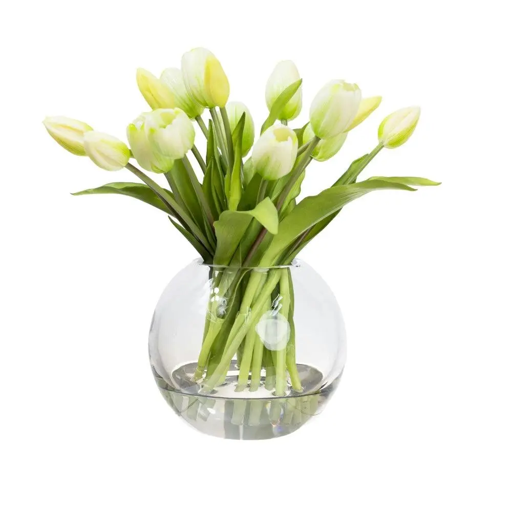 Glamorous Fusion White Tulip 29cm Artificial Faux Flower Plant Decorative Arrangement In Fishbowl - Home & Garden
