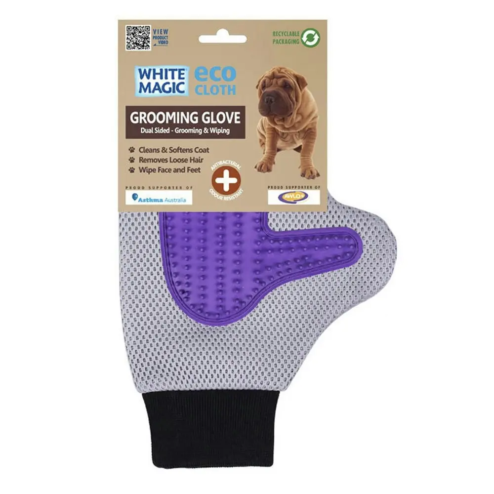 White Magic Dual Sided Pet Dog 26x18cm Grooming Wiping Glove Coat Cleaner Purple - Pets