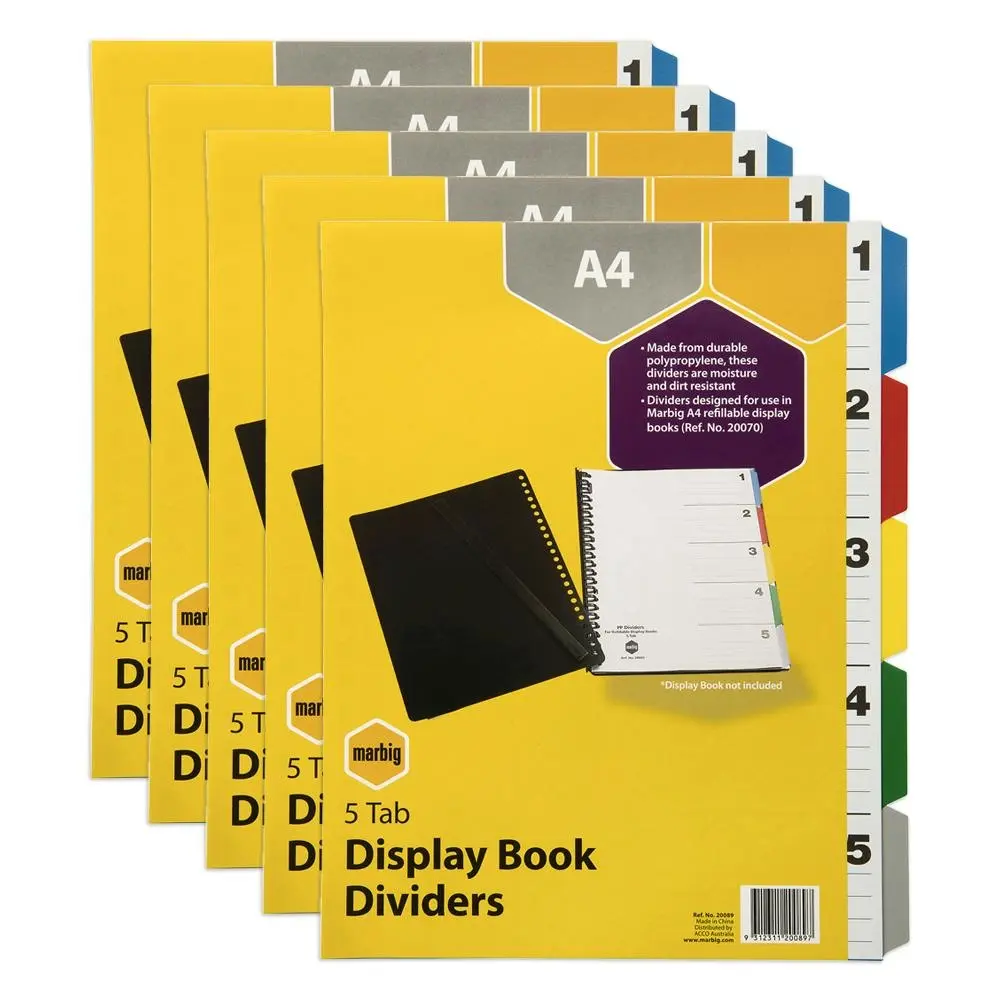 5x Marbig PP 5 Tab Coloured A4 Display Book Dividers/Indices Filing Organiser - Office