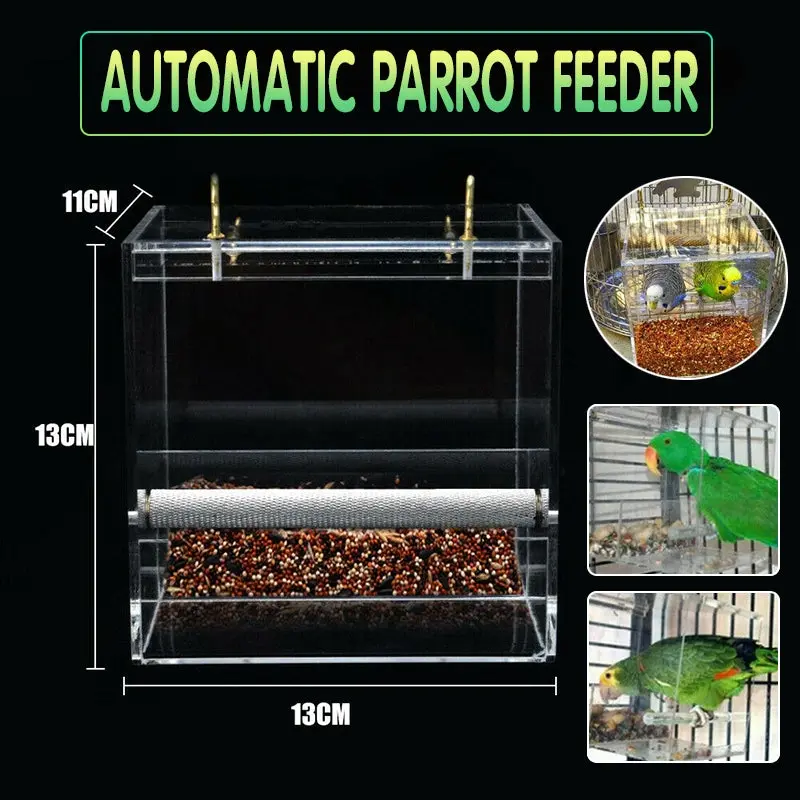 Acrylic No Mess Parrot Feeder Automatic Bird Cage Seed Feeding Box with Perch - Pets