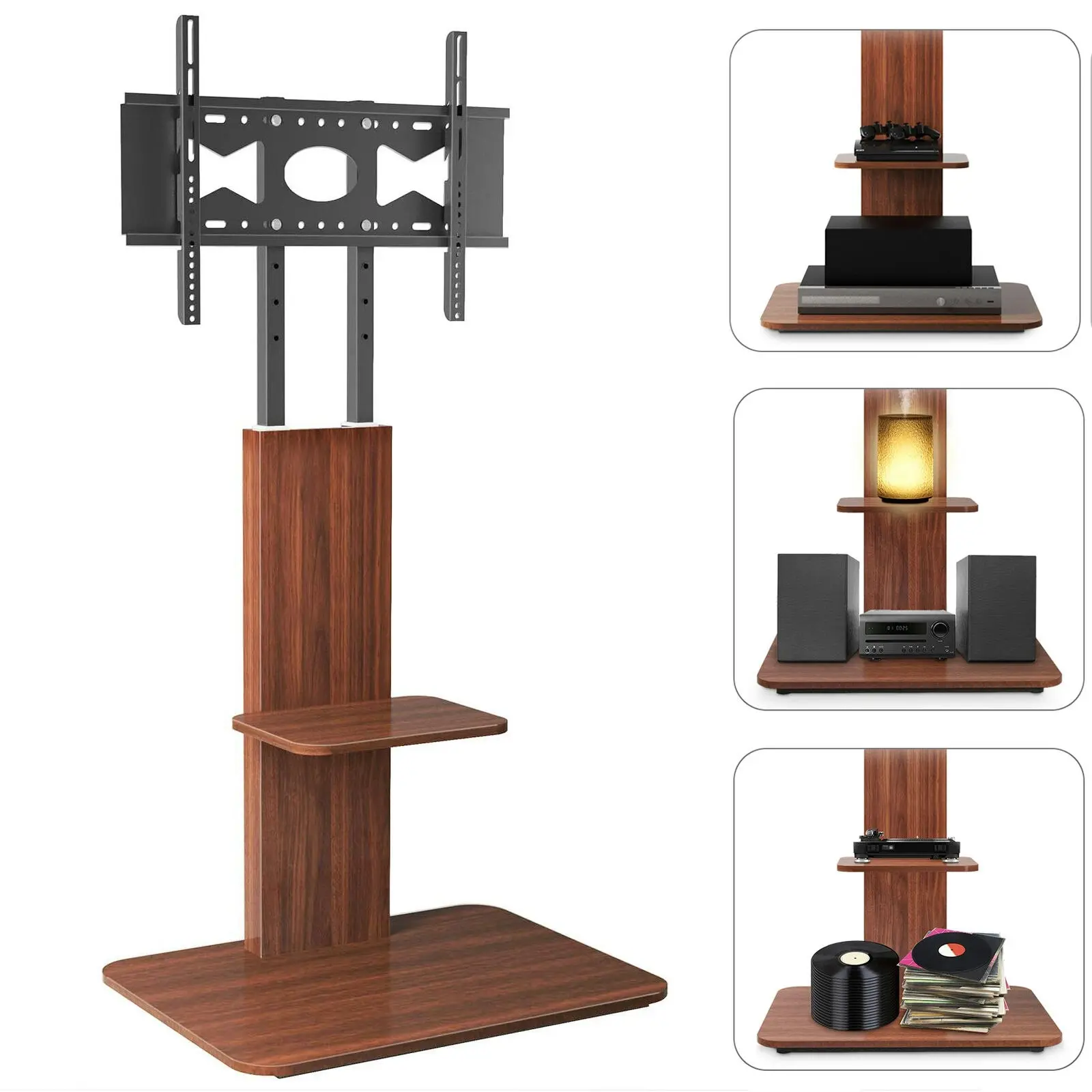 Fin Floor Tv Stand Free Standing Mount Bracket Wood Shelf For 32"-65" Flat Screen