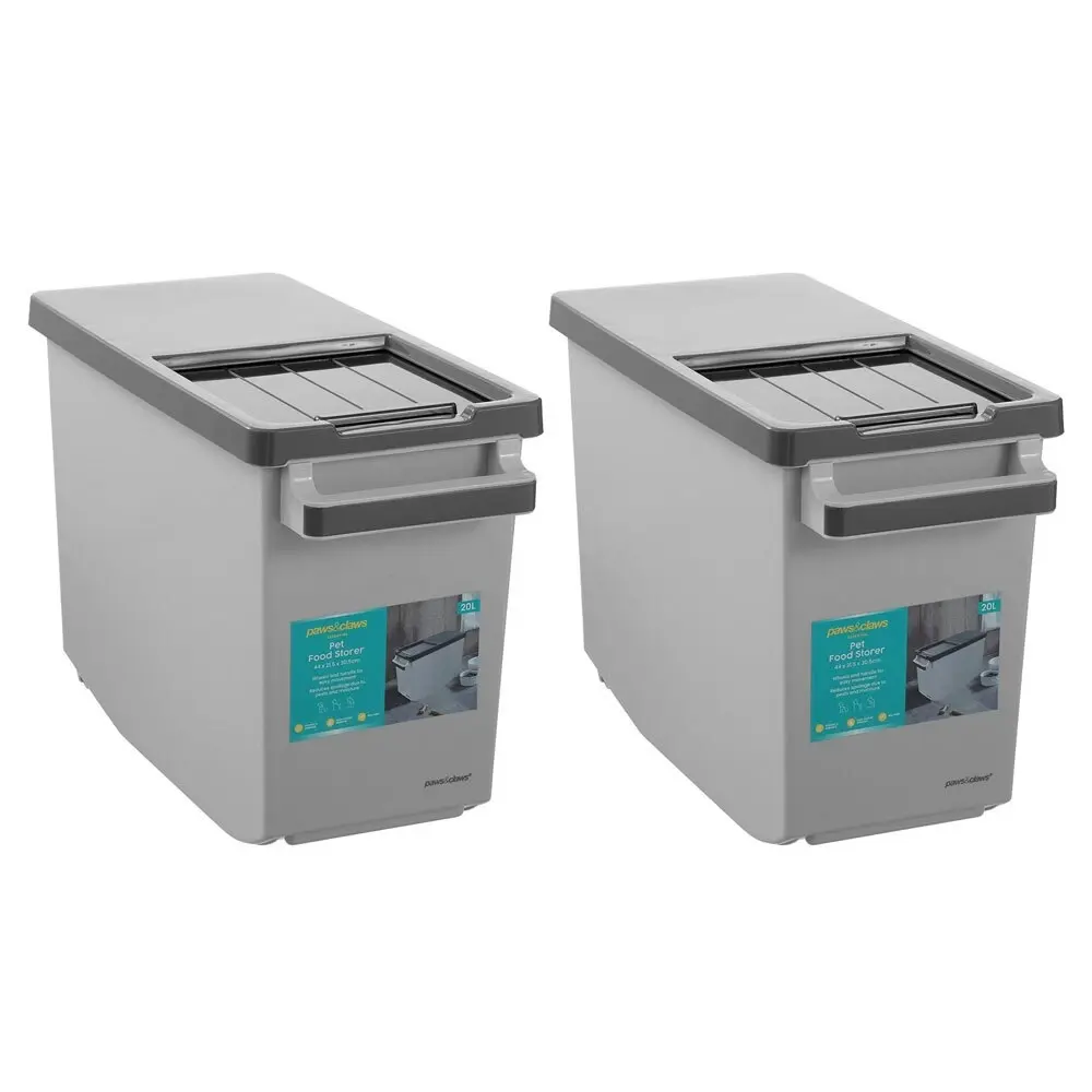 2x Paws & Claws 44X30.5cm Pet Dry Food Storer 20L Bin Storage Container w/ Lid - Pets