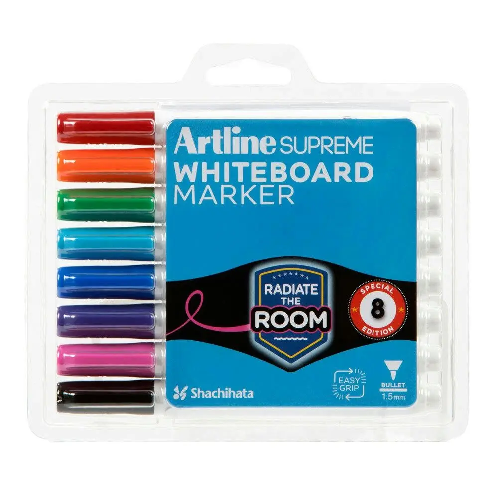 8pc Artline Supreme Whiteboard Markers Water Based Writing Pens Assorted Colours - Office