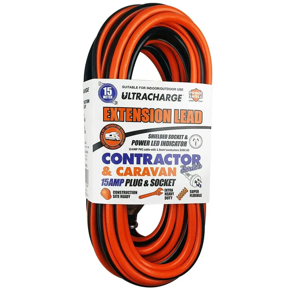 UltraCharge 15m Extension Lead Cable 15A 240V Heavy Duty Cord Plug/Socket Red - Electronics