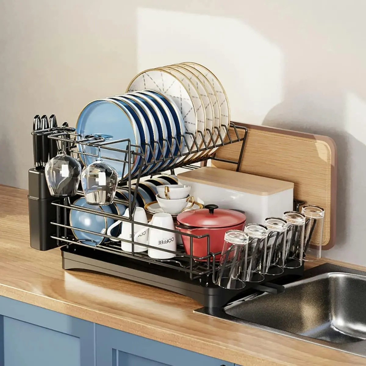 2 Tier Dish Drying Rack Drainboard Set (Black) - Home & Garden