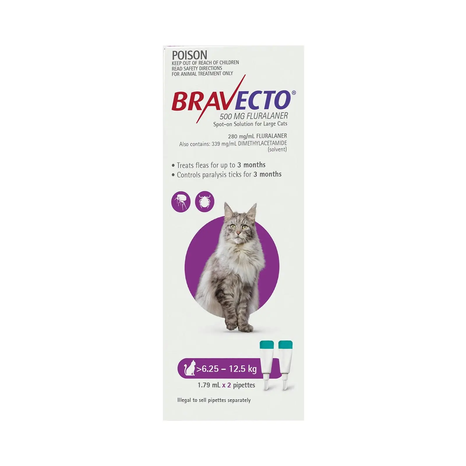 BRAVECTO Spot On For Cats 6.25-12.5 Kg (Purple) 2 Pipettes