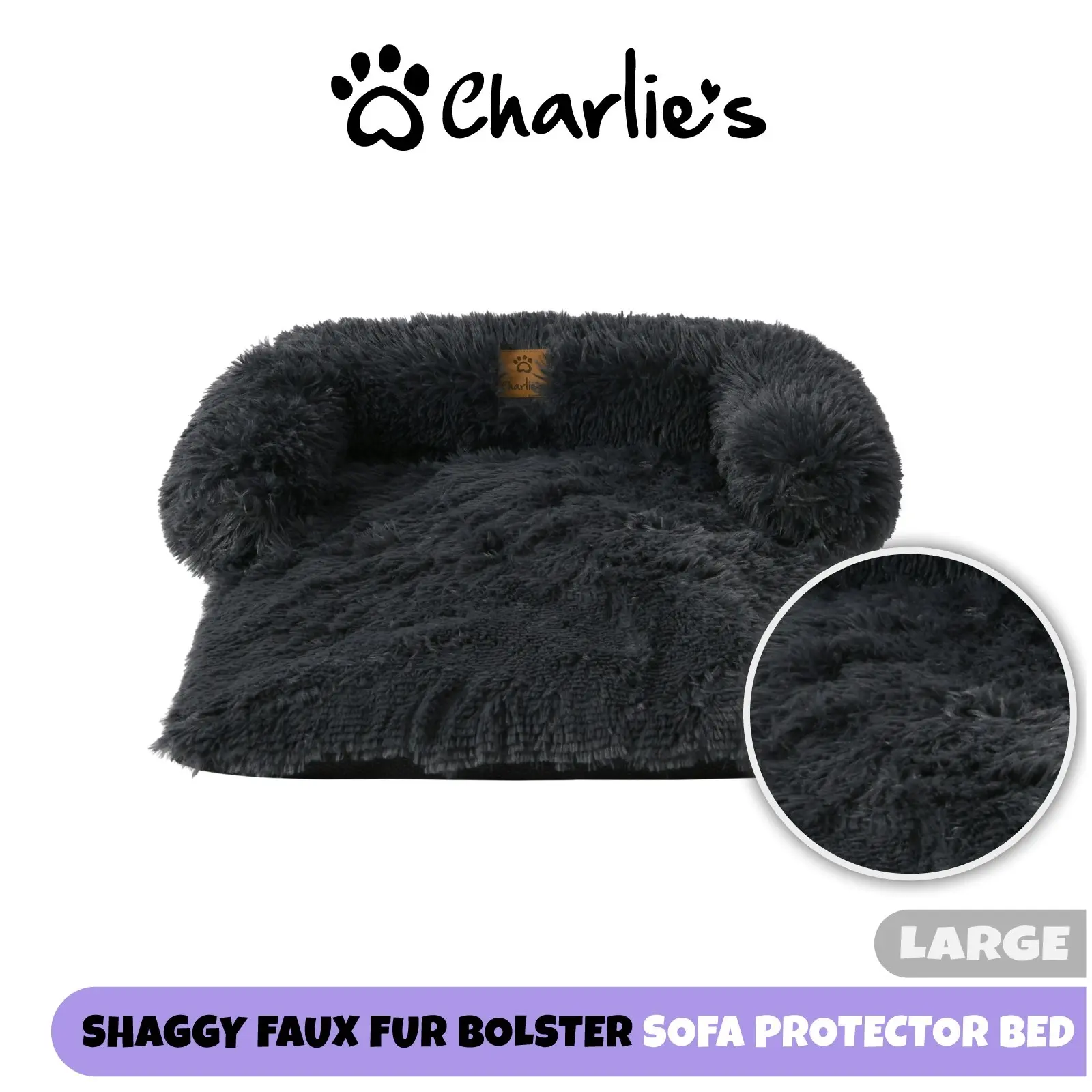Charlie's Shaggy Faux Fur Bolster Sofa Protector Calming Dog Bed Charcoal Large - Pets