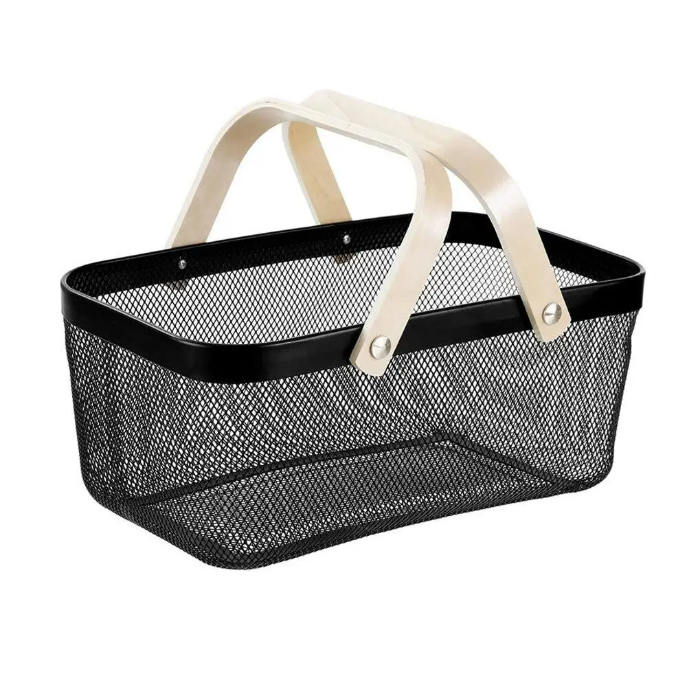 Boxsweden 40x25x17cm Mesh Home Storage Basket/Organiser w/Wooden Handle Black - Home & Garden