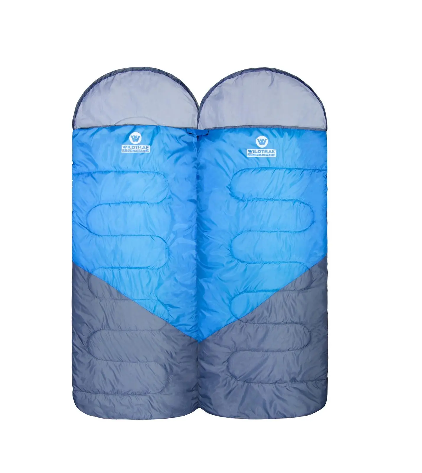 Wildtrak Gascoyne 230x70cm Hooded Twin Sleeping Bags Camping Sleeper Blue/Grey - Sports & Outdoor