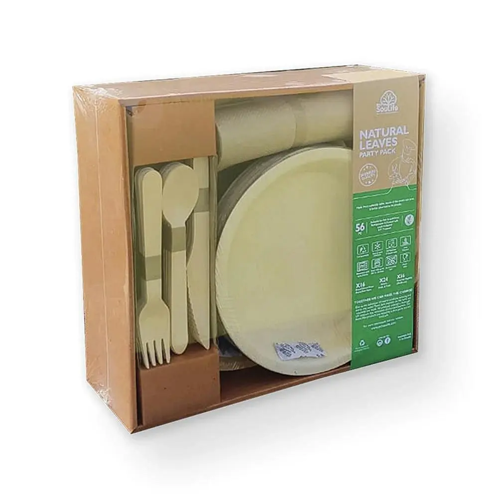 56pc Ecosoulife Disposable Compostable Leaves Food Plate/Napkins Cutlery Pack - Hobbies