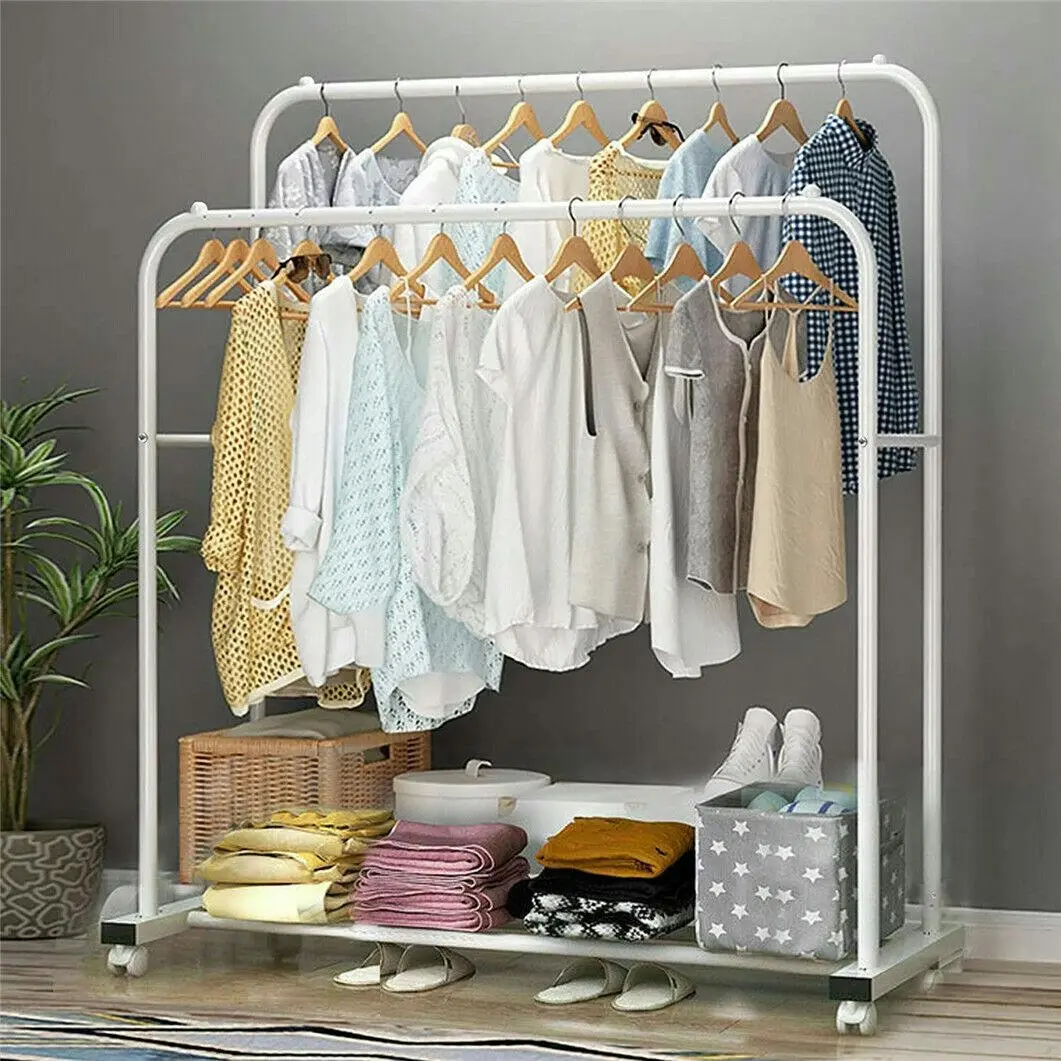 Fin Double Rails Clothing Rack Rolling Bedroom Clothes Garment Coat Hang On Wheels - Home & Garden