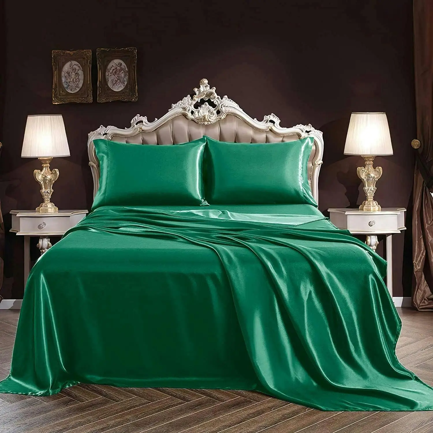 Soft Silky Satin Sheet Set 4pc Queen, 2000TC Deep Pocket, Flat/Fitted Green - Home & Garden