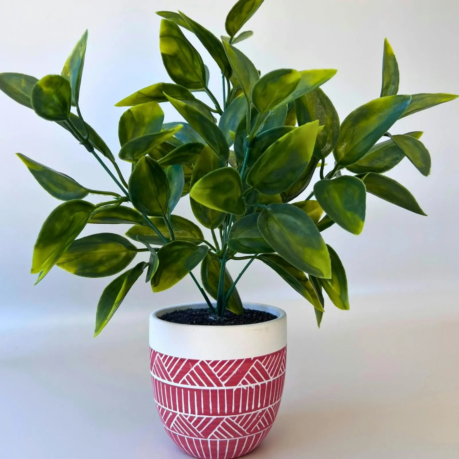 Artificial Photinia Plant in Red Ceramic Pot 30cm - Home & Garden