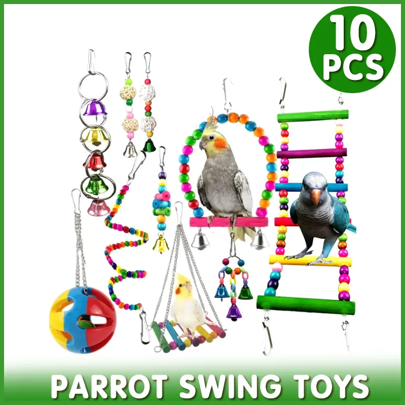 10pcs Parrot Toys Set Swing Ladder Chew Bell Toys for Cockatiels Budgies Cages - Pets