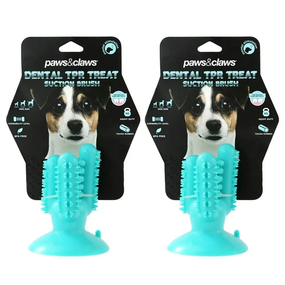 2x Paws & Claws 13cm Cactus Suction Brush Dental Treat Pet Dog Rubber Toy Teal - Pets