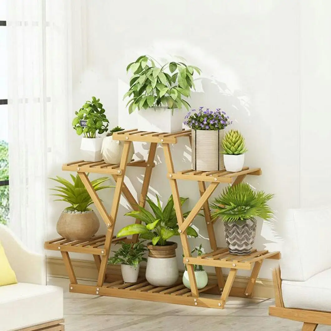 Fin Solid Triangle 6-Tier Planter Stand Wooden Flower Pot Plant Rack Indoor Outdoor