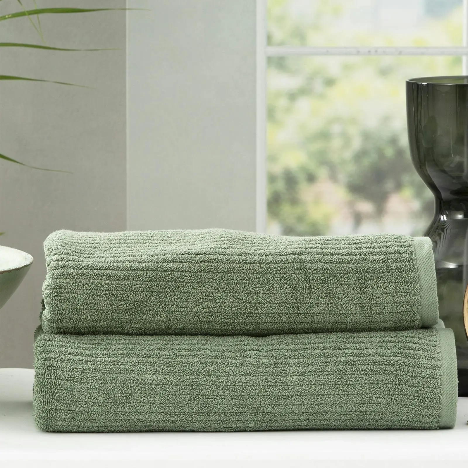 2pc Renee Taylor Cobblestone Bath Sheet/Towel 160cm Cotton Ribbed 650 GSM Sage - Home & Garden