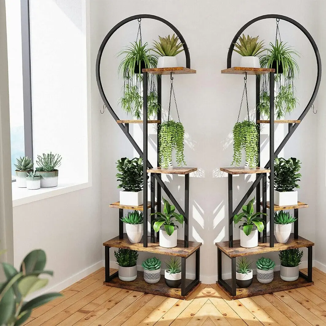 Fin 2Pcs Metal Plant Stand 6 Tier Half Heart Shape Ladder Shelf Flower Potted Rack - Home & Garden