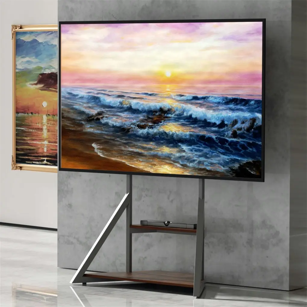 Fin Industrial Floor Tv Stand 40-75" Height Adjustable Mount Bracket Wood Shelf