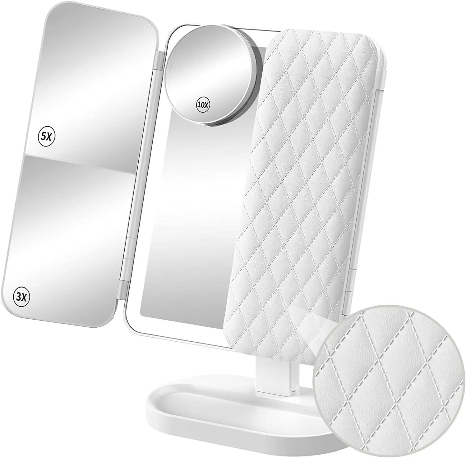 Rechargeable Trifold Makeup Mirror, 74 LED Lights, 1X/3X/5X/10X Magnifying, Cordless Lighted, 90°and 180° Free Rotation - Beauty