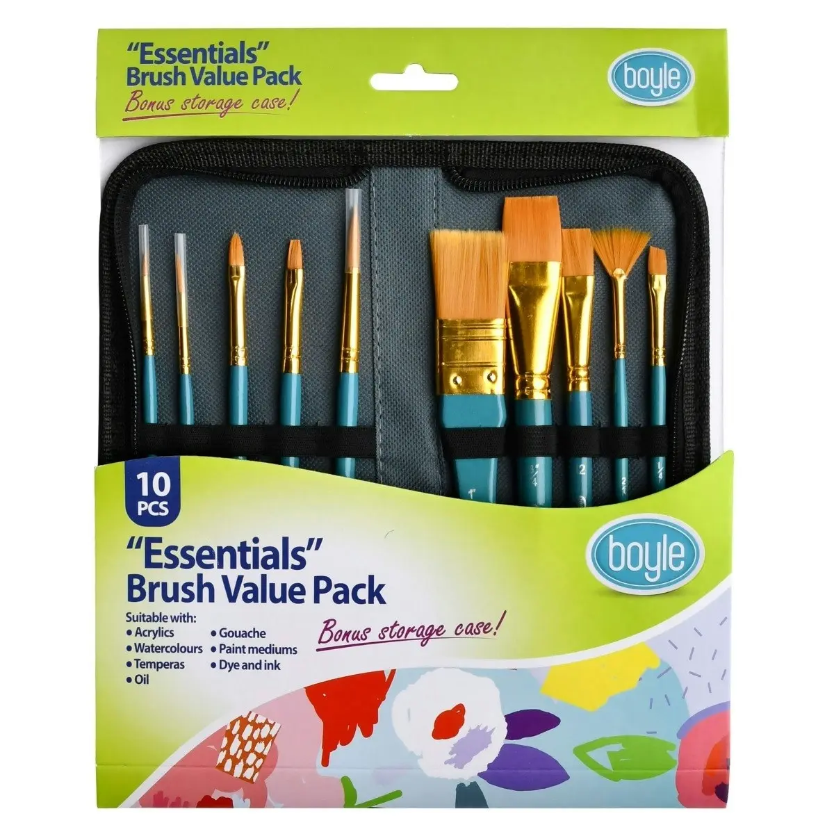 10pc Boyle Essentials Craft Paint Brush w/ Storage Case For Acrylic/Watercolour - Hobbies
