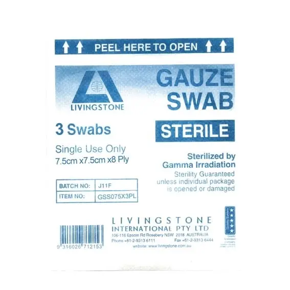 Livingstone Sterile Gauze Swabs 7.5 x 7.5 cm x 8 ply White 3 Pack 1000 Pack Carton - Health